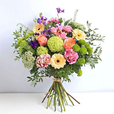 A handcrafted and stunning assortment of Clematis, Germini, Carnation, Chrysanthemum, Dill and Roses that are sustainable and ethically sourced. This bouquet will be handcrafted by an experienced florist, order for same day delivery by hand, or next day delivery via our courier.